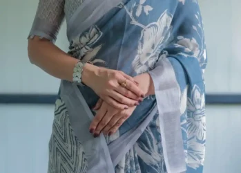 White Floral Patterns Blue Shade Linen Saree