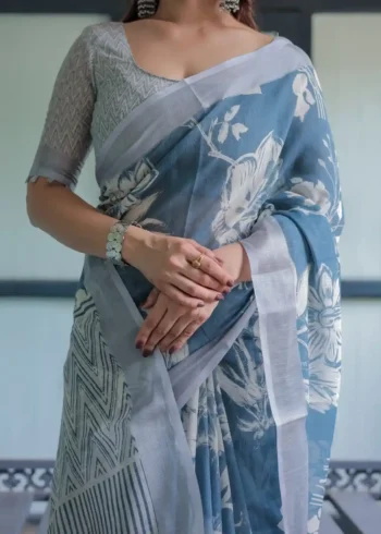 White Floral Patterns Blue Shade Linen Saree