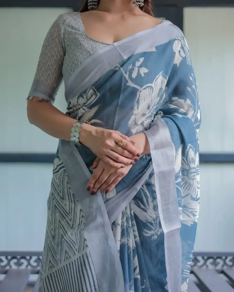 White Floral Patterns Blue Shade Linen Saree
