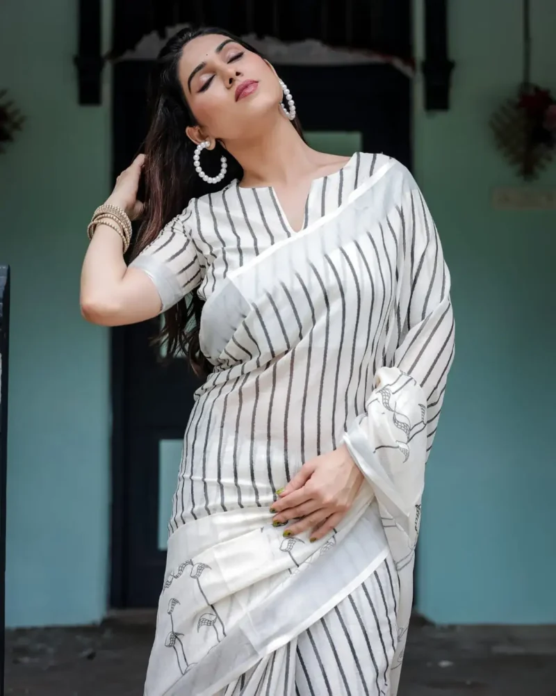 White Pure Linen Saree With Bold Black Vertical Stripes