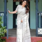 White Pure Linen Saree With Bold Black Vertical Stripes