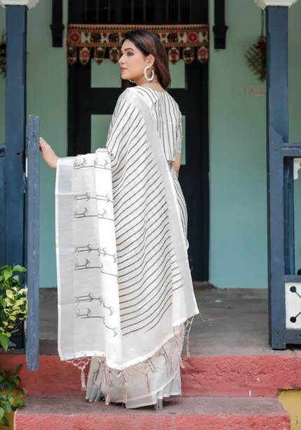 White Pure Linen Saree With Bold Black Vertical Stripes