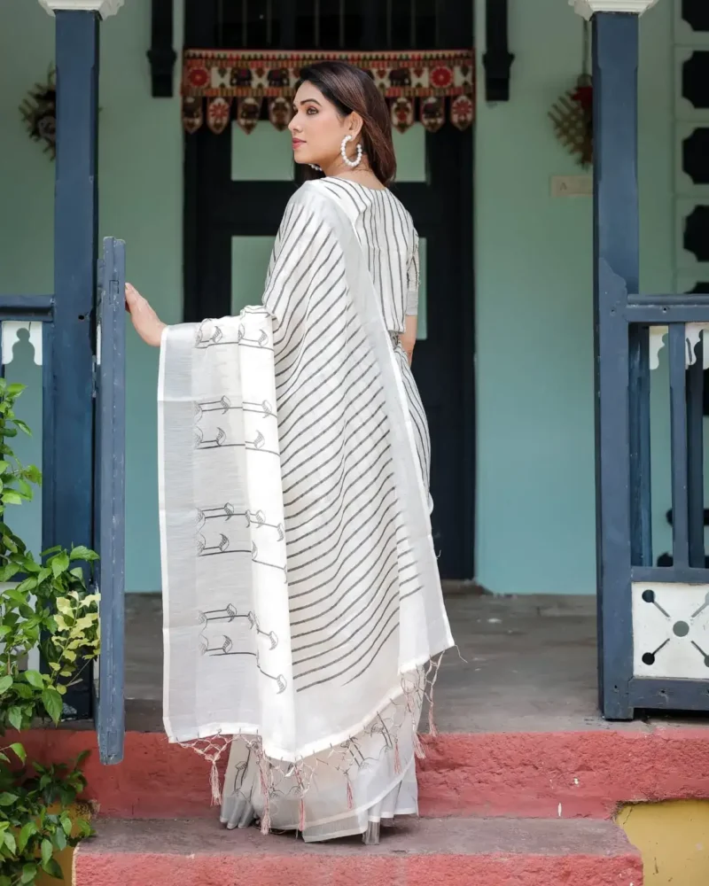 White Pure Linen Saree With Bold Black Vertical Stripes