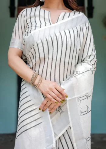 White Pure Linen Saree With Bold Black Vertical Stripes