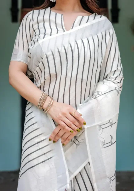 White Pure Linen Saree With Bold Black Vertical Stripes