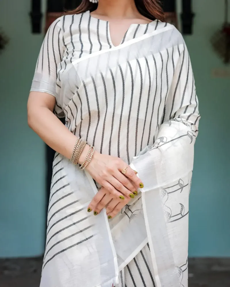 White Pure Linen Saree With Bold Black Vertical Stripes