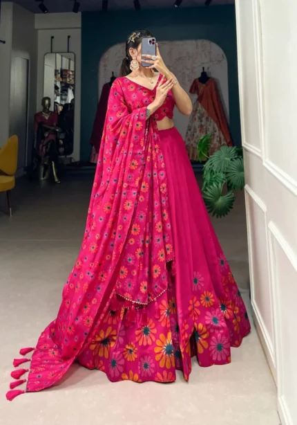 Wine and Pink Color Floral Print With Foil Work Half Saree Lehenga