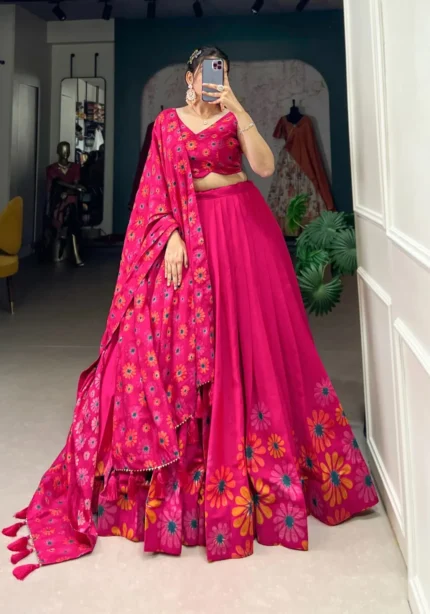 Wine and Pink Color Floral Print With Foil Work Half Saree Lehenga rajwaid lehenga