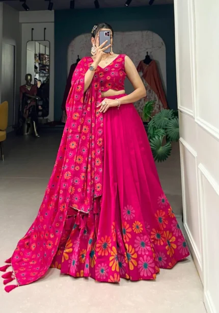 Wine and Pink Color Floral Print With Foil Work Half Saree Lehenga