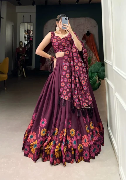 Wine and Pink Color Floral Print With Foil Work Half Saree Lehenga