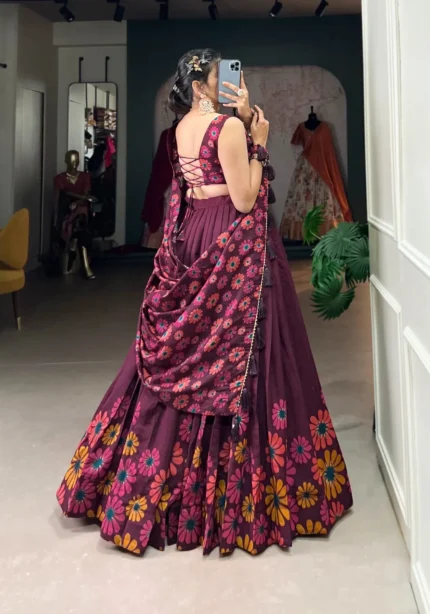 Wine and Pink Color Floral Print With Foil Work Half Saree Lehenga