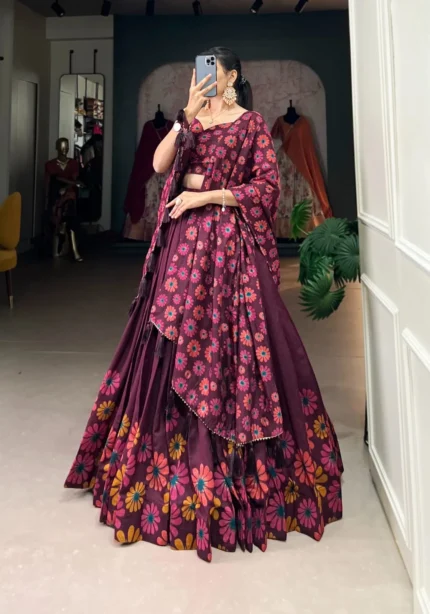 Wine and Pink Color Floral Print With Foil Work Half Saree Lehenga