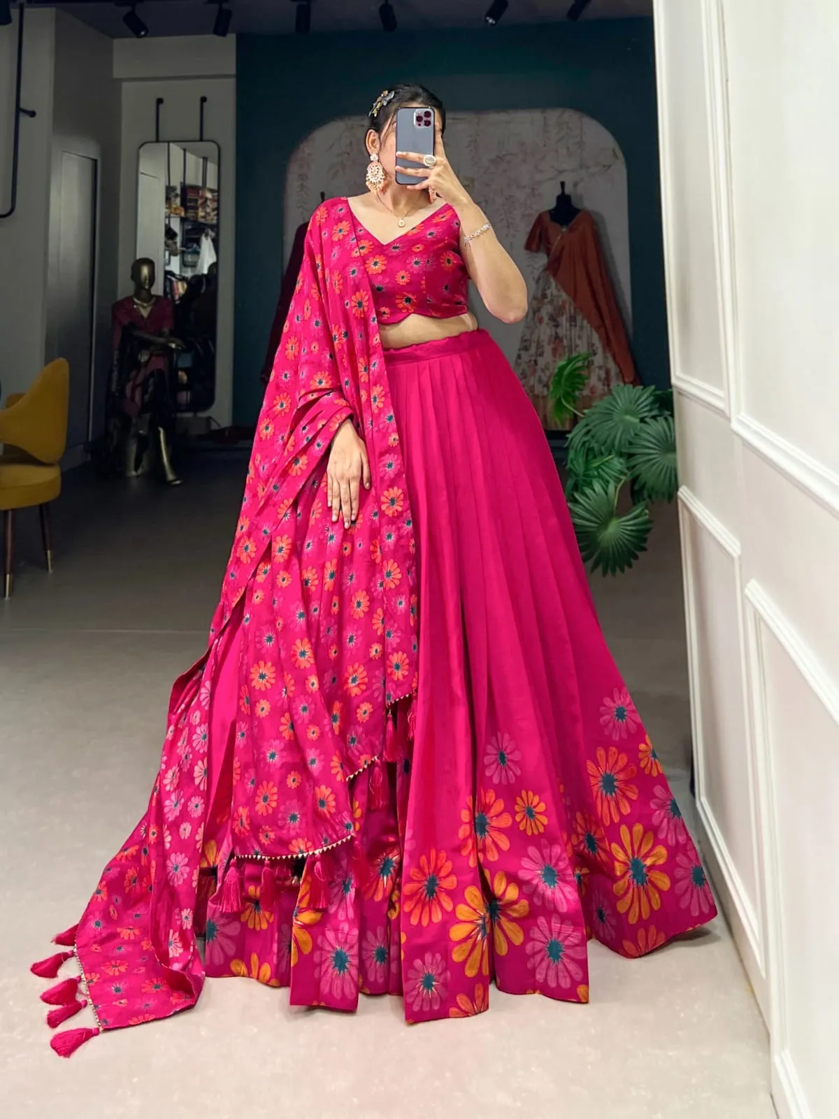 Wine and Pink Color Floral Print With Foil Work Half Saree Lehenga rajwaid lehenga