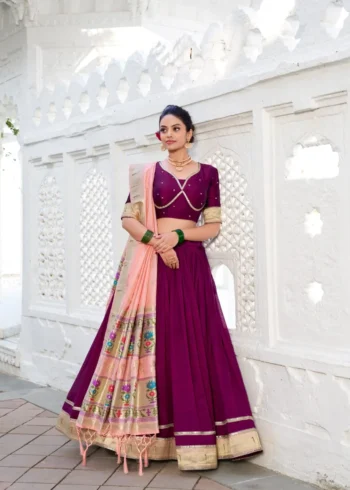 Wine Color Vichitra Silk Plain Lehenga With Paithni Lace Border