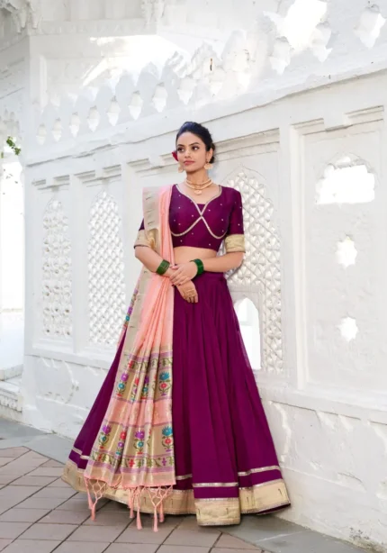 Wine Color Vichitra Silk Plain Lehenga With Paithni Lace Border