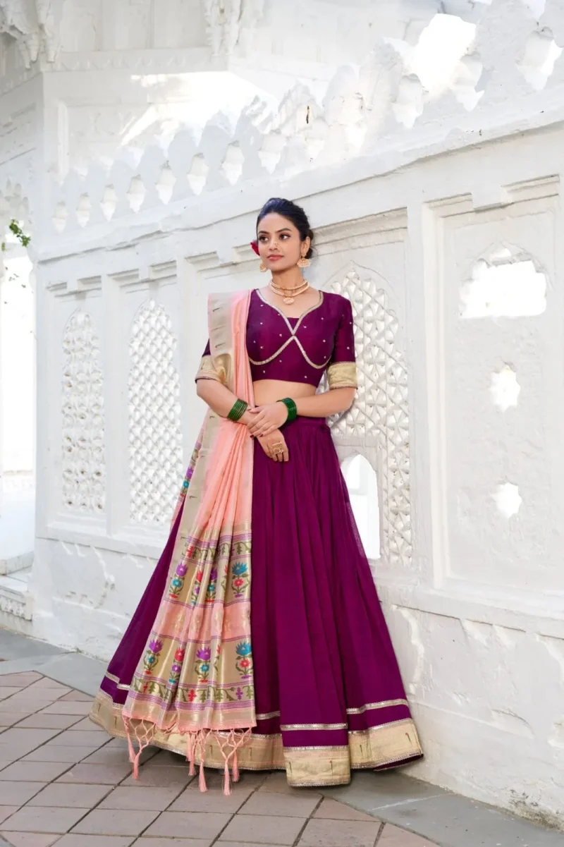 Wine Color Vichitra Silk Plain Lehenga With Paithni Lace Border