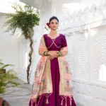 Wine Color Vichitra Silk Plain Lehenga With Paithni Lace Border