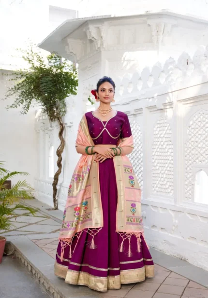 Wine Color Vichitra Silk Plain Lehenga With Paithni Lace Border