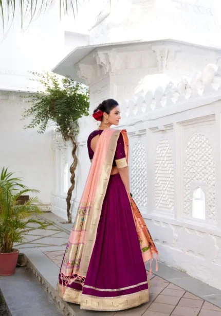 Wine Color Vichitra Silk Plain Lehenga With Paithni Lace Border