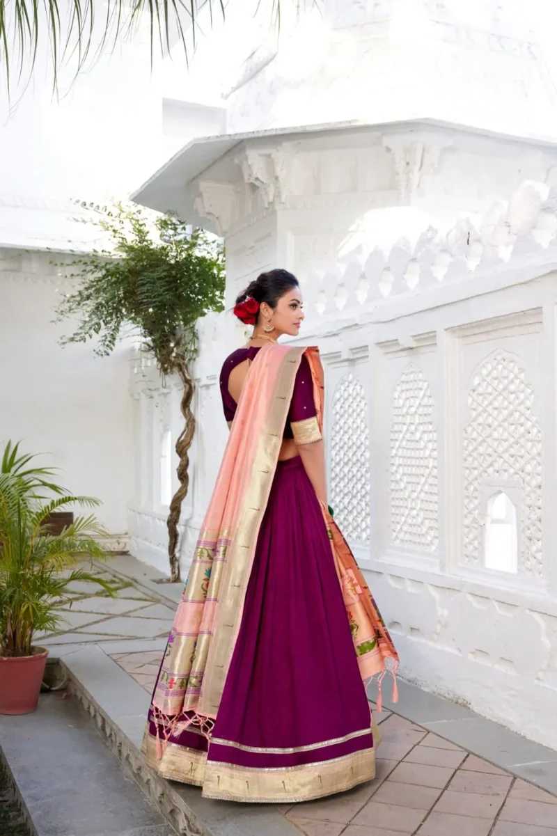 Wine Color Vichitra Silk Plain Lehenga With Paithni Lace Border