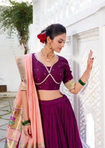 Wine Color Vichitra Silk Plain Lehenga With Paithni Lace Border