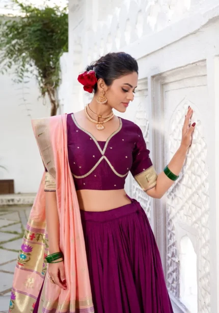 Wine Color Vichitra Silk Plain Lehenga With Paithni Lace Border