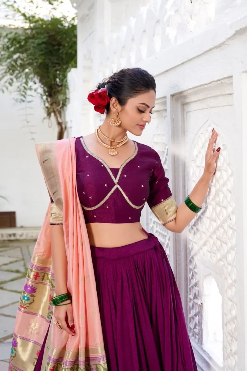 Wine Color Vichitra Silk Plain Lehenga With Paithni Lace Border