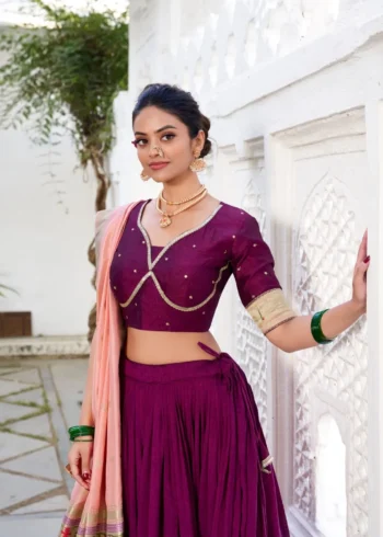 Wine Color Vichitra Silk Plain Lehenga With Paithni Lace Border