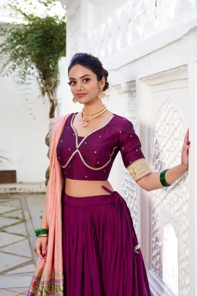 Wine Color Vichitra Silk Plain Lehenga With Paithni Lace Border