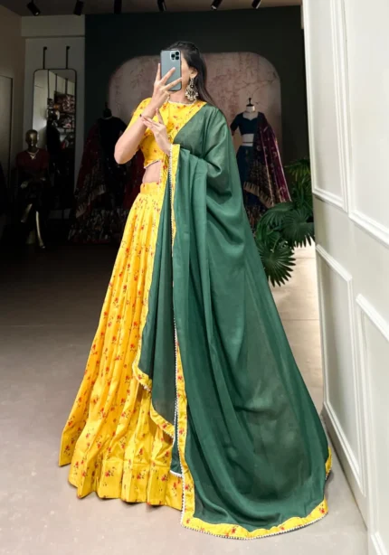 Yellow Color Tussar Silk Floral Printed Half Saree Lehenga