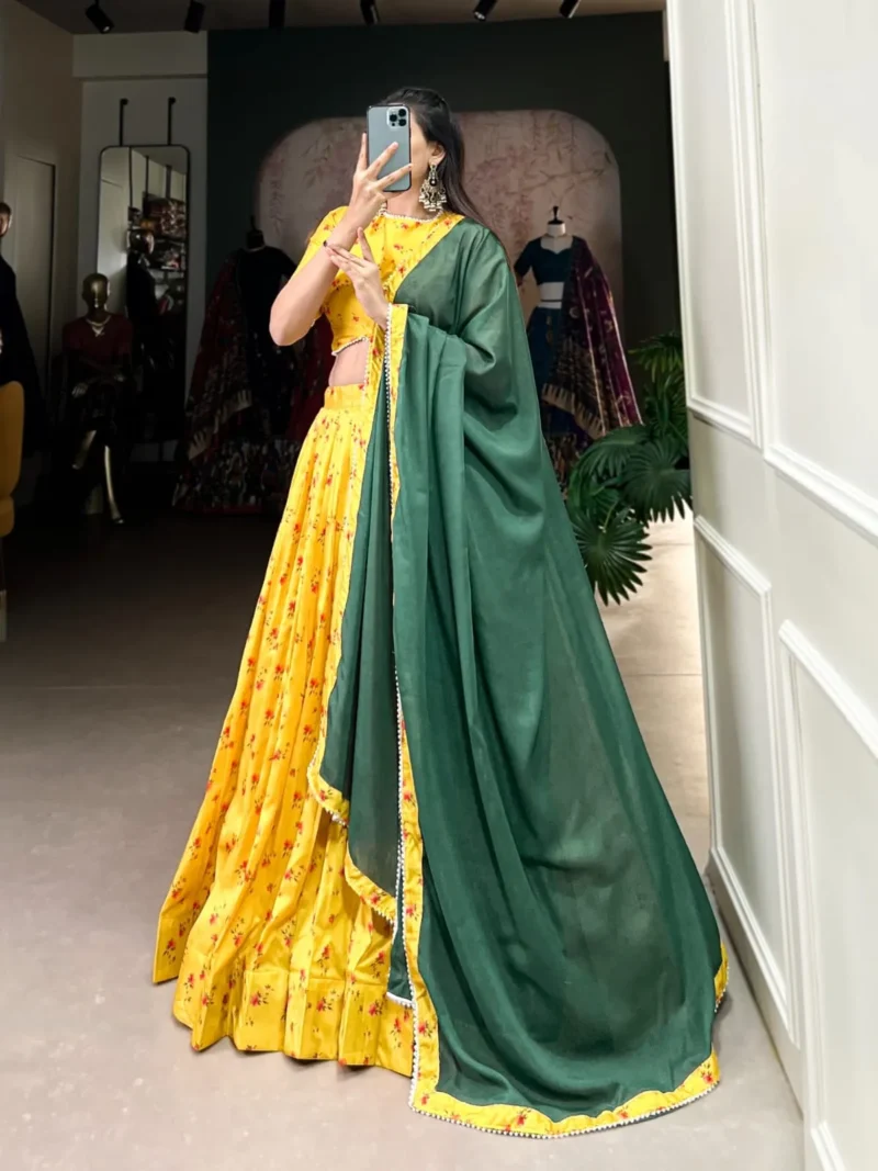 Yellow Color Tussar Silk Floral Printed Half Saree Lehenga