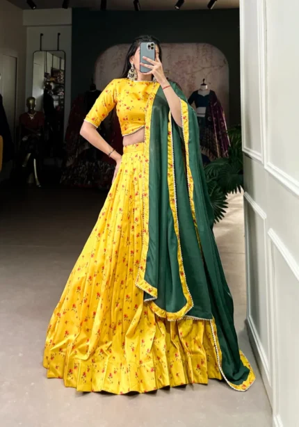 Yellow Color Tussar Silk Floral Printed Half Saree Lehenga