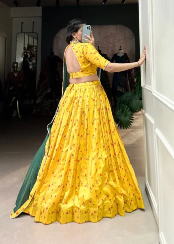 Yellow Color Tussar Silk Floral Printed Half Saree Lehenga