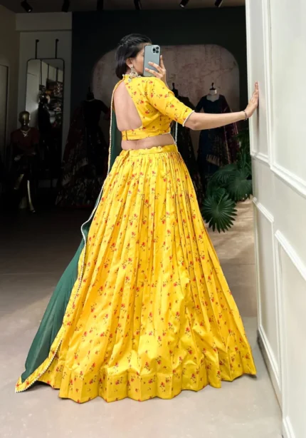 Yellow Color Tussar Silk Floral Printed Half Saree Lehenga