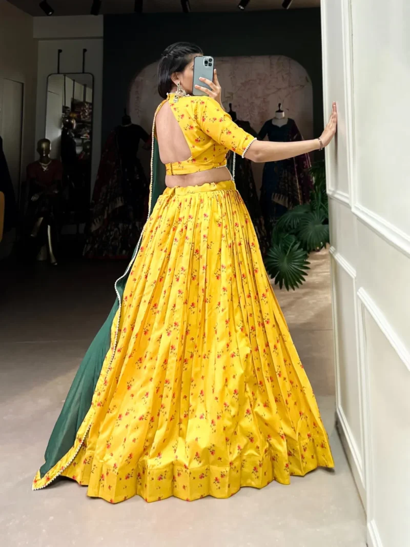 Yellow Color Tussar Silk Floral Printed Half Saree Lehenga