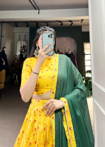Yellow Color Tussar Silk Floral Printed Half Saree Lehenga