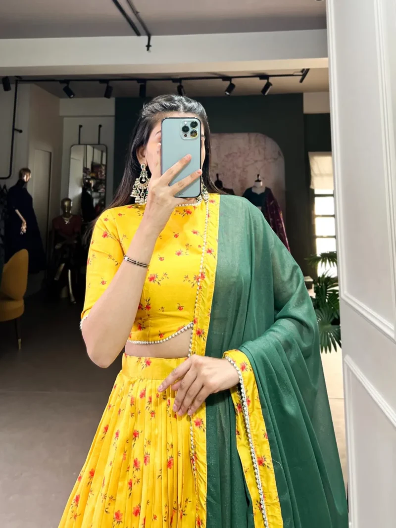 Yellow Color Tussar Silk Floral Printed Half Saree Lehenga