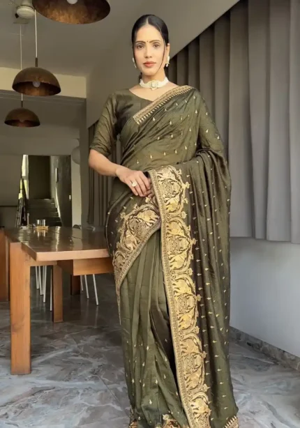 Zari and Swarovski Work Vichitra Silk Predraped Saree