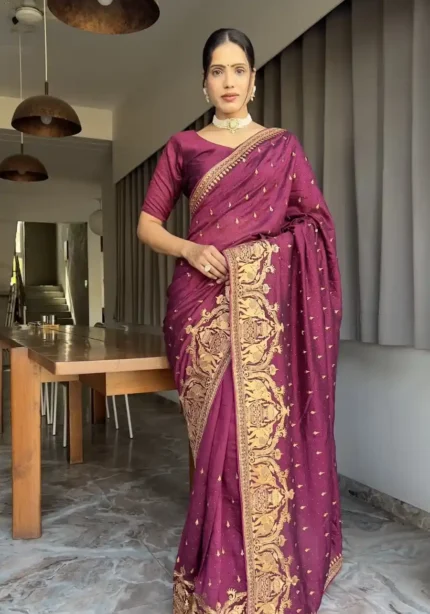 Zari and Swarovski Work Vichitra Silk Predraped Saree