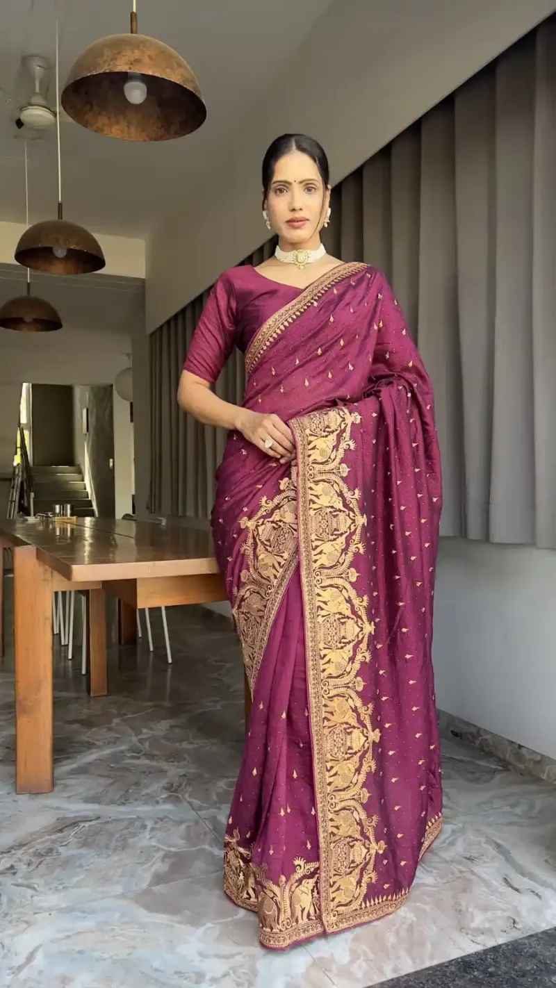 Zari and Swarovski Work Vichitra Silk Predraped Saree