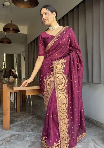 Zari and Swarovski Work Vichitra Silk Predraped Saree