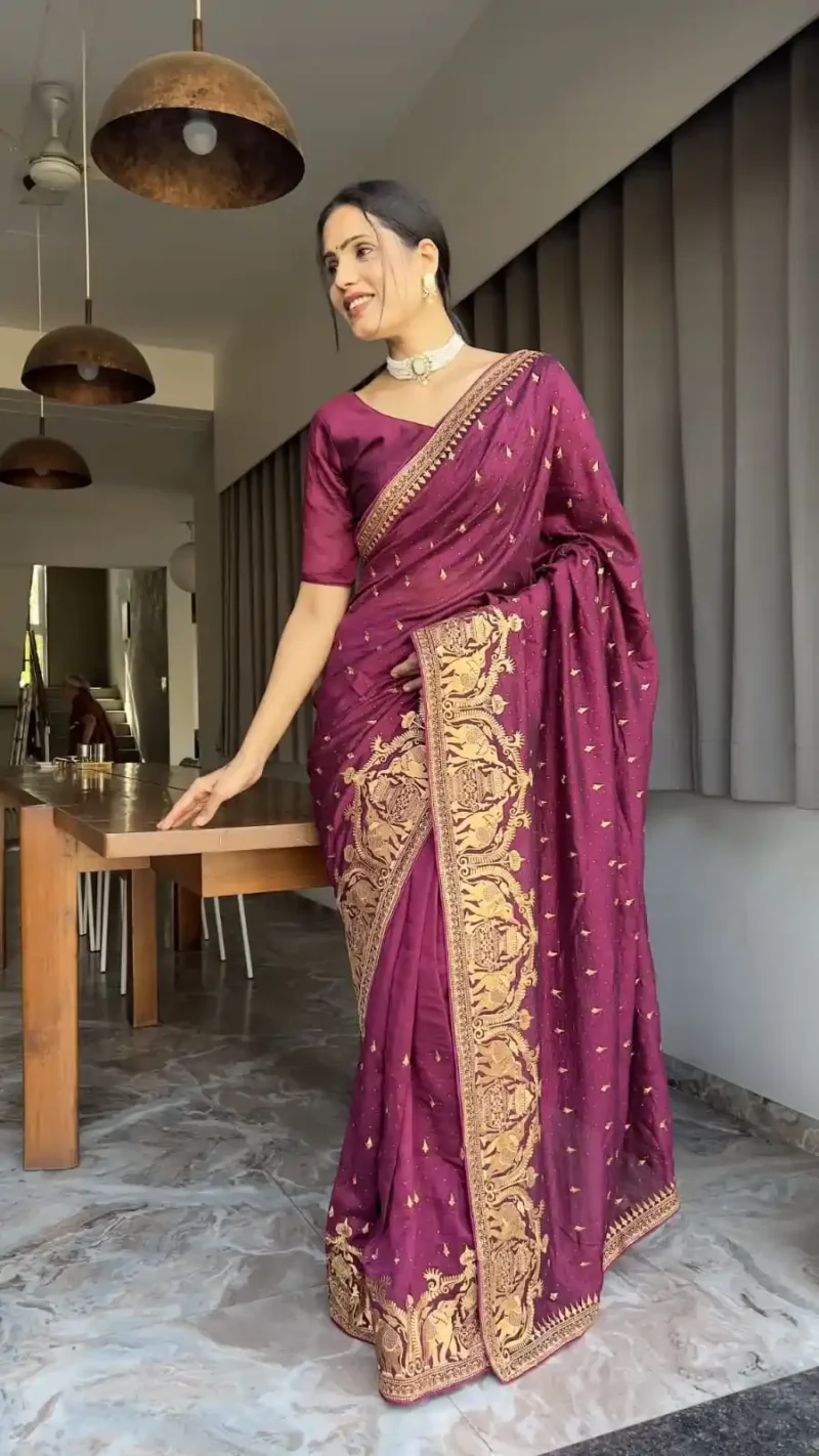 Zari and Swarovski Work Vichitra Silk Predraped Saree