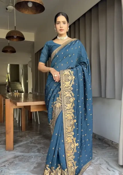 Zari and Swarovski Work Vichitra Silk Predraped Saree