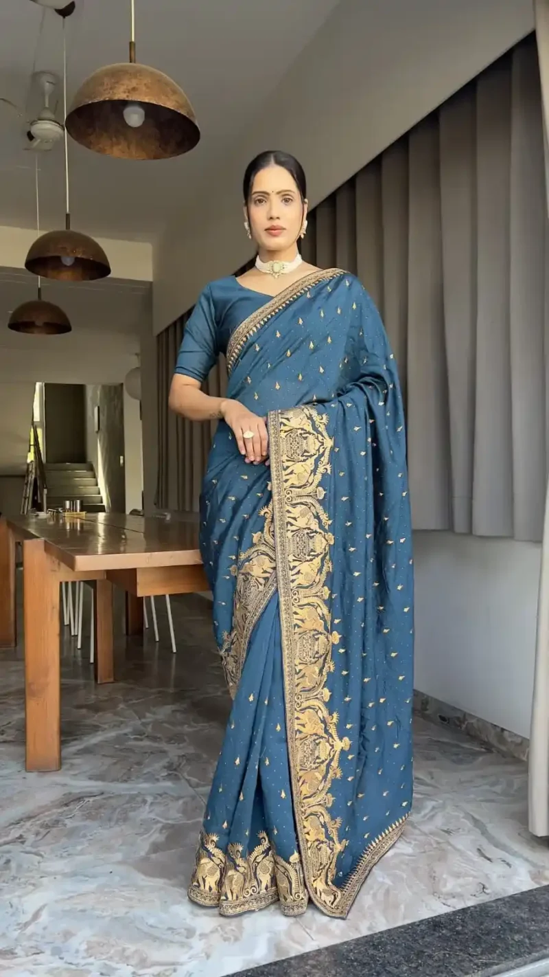 Zari and Swarovski Work Vichitra Silk Predraped Saree