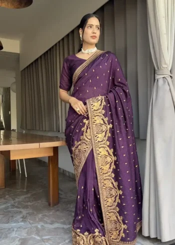 Zari and Swarovski Work Vichitra Silk Predraped Saree