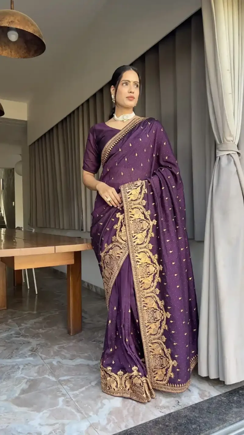 Zari and Swarovski Work Vichitra Silk Predraped Saree