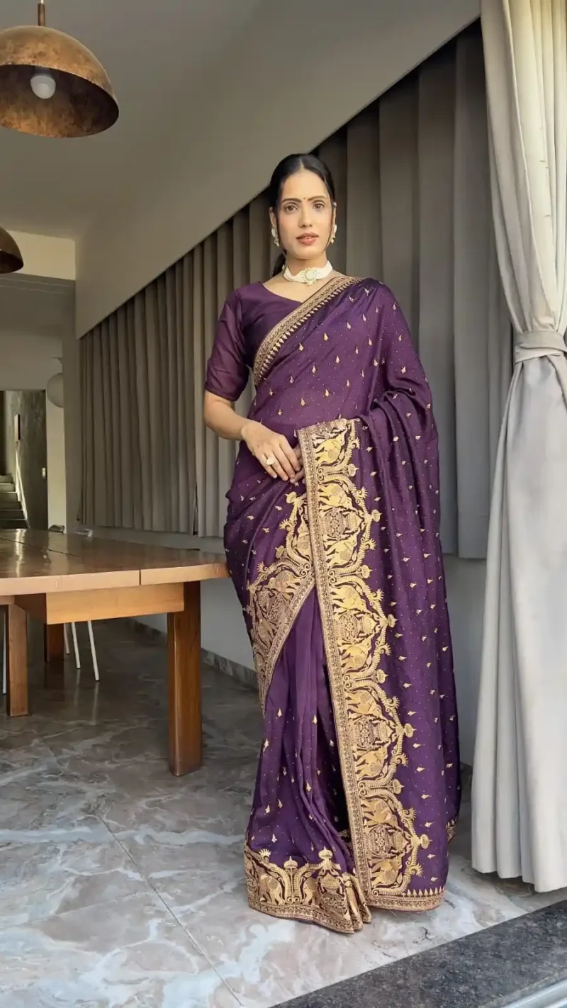 Zari and Swarovski Work Vichitra Silk Predraped Saree