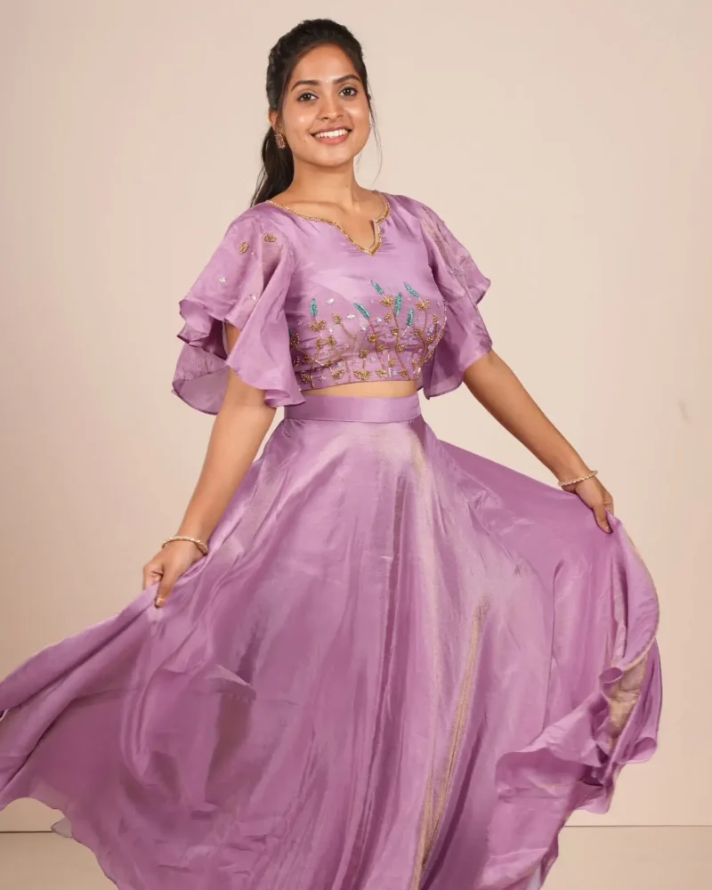 Baby Pink Premium Tissue Silk Hand Work Stitched Lehenga Choli