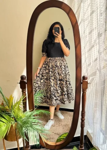 Black Soft Muslin Digital Print Work Party Wear Midi Dress