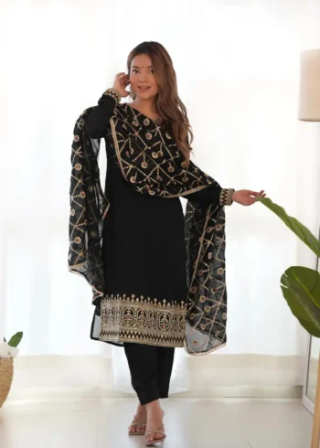 Black Vichitra Silk Straight Fit Kurta Salwar Suit